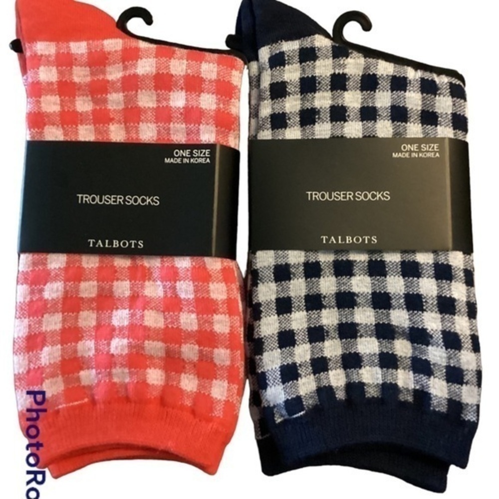 🆕Talbots Navy Blue Red Gingham Ladies Trouser Cotton Socks 2 Pair NWT STOCKINGS